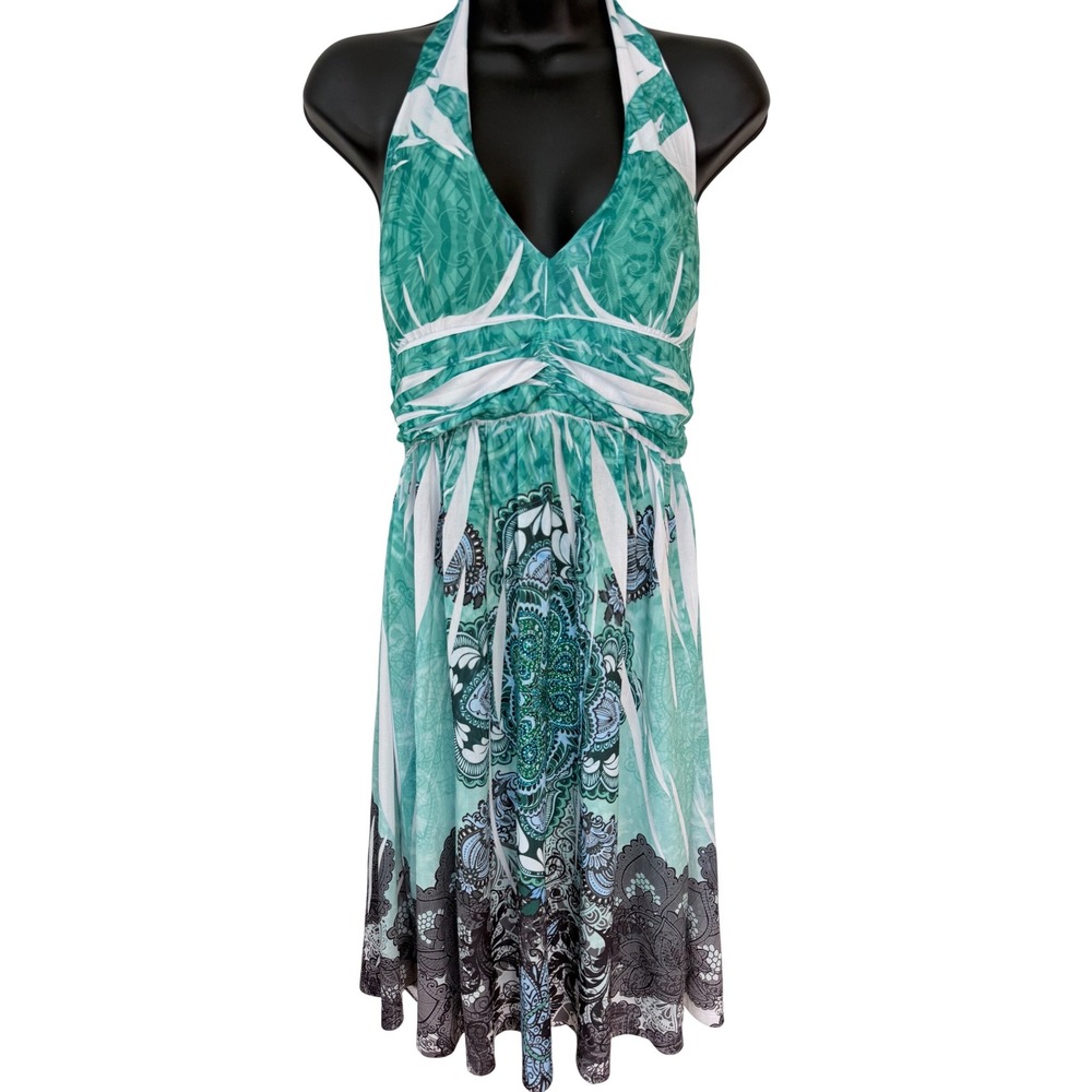 InGear Womens Teal Medallion Rhinestone Halter‎ Neck Sundress Size L Boho Summer